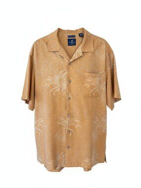 Caribbean Joe Men's XXL Silk Camp Shirt Orange Tropical Leaf Jacquard Button Up